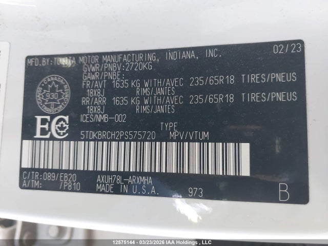 12575144 :رقم المزاد ، 5TDKBRCH2PS575720 vin ، 2023 Toyota Highlander Hybrid Xle/hybrid Bronze Edition مزاد بيع