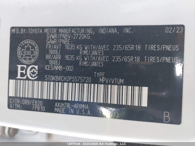 12575144 :رقم المزاد ، 5TDKBRCH2PS575720 vin ، 2023 Toyota Highlander Hybrid Xle/hybrid Bronze Edition مزاد بيع