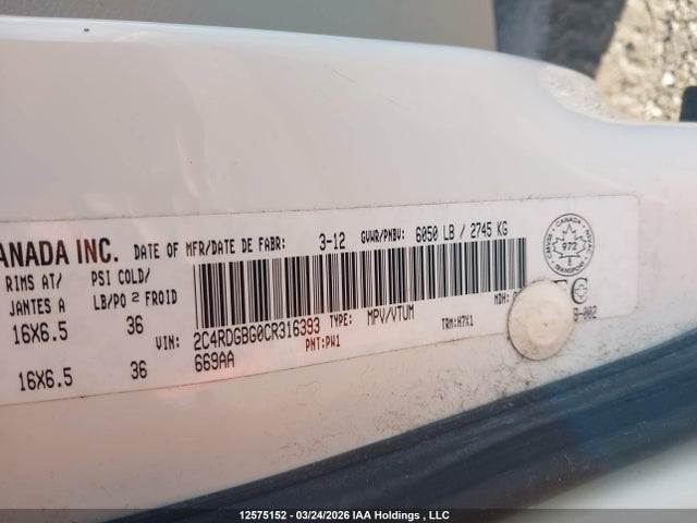 12575152 :رقم المزاد ، 2C4RDGBG0CR316393 vin ، 2012 Dodge Grand Caravan Se مزاد بيع