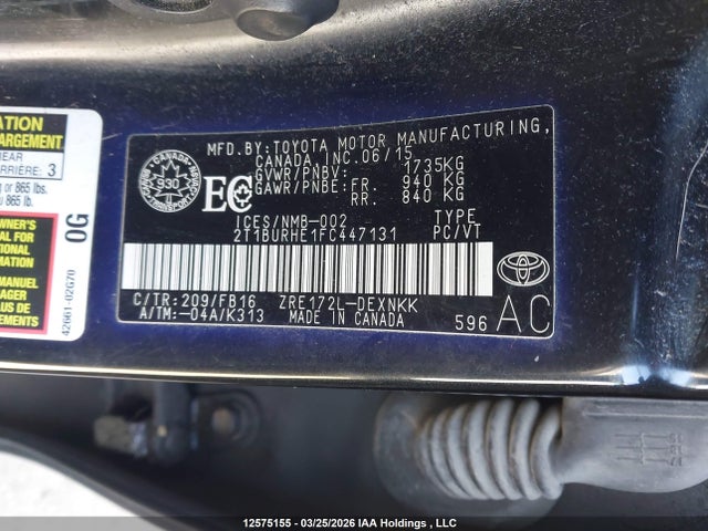 12575155 :رقم المزاد ، 2T1BURHE1FC447131 vin ، 2015 Toyota Corolla Le مزاد بيع