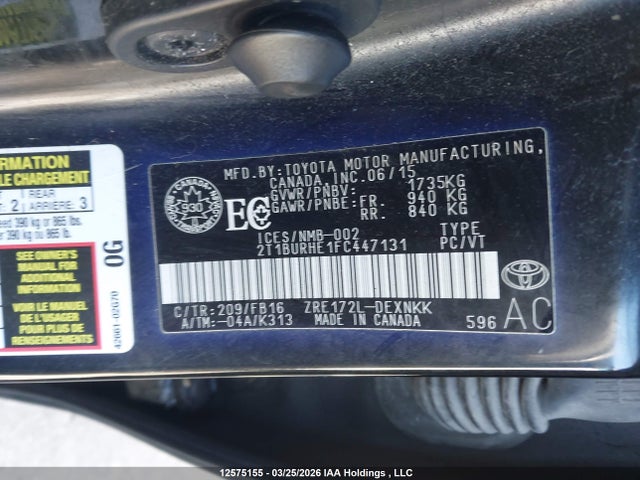 12575155 :رقم المزاد ، 2T1BURHE1FC447131 vin ، 2015 Toyota Corolla Le مزاد بيع