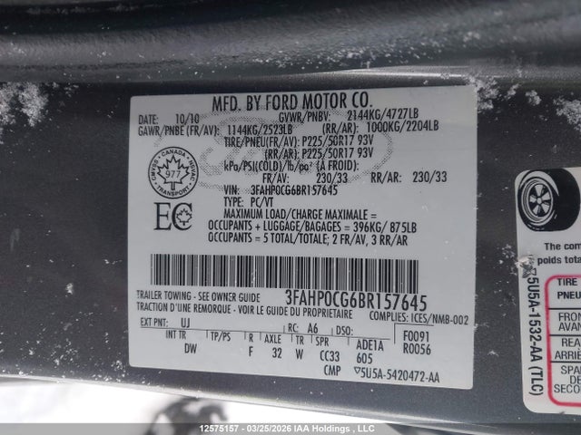 Aukcja sprzedaży 2011 Ford Fusion Sel, vin: 3FAHP0CG6BR157645, numer aukcji: 12575157