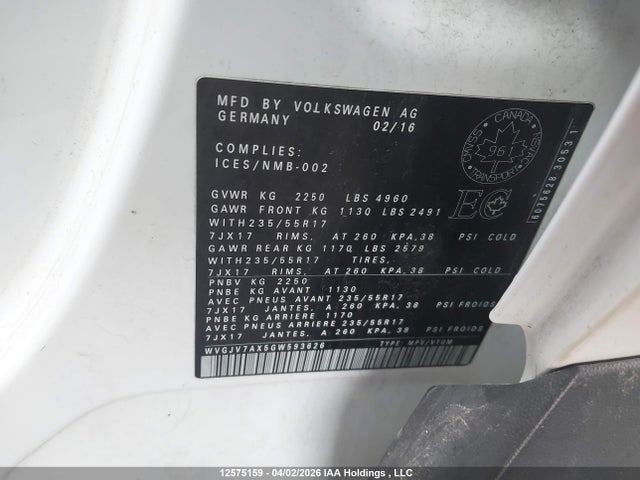WVGJV7AX5GW593626 Volkswagen Tiguan Comfortline/highline/special Edition