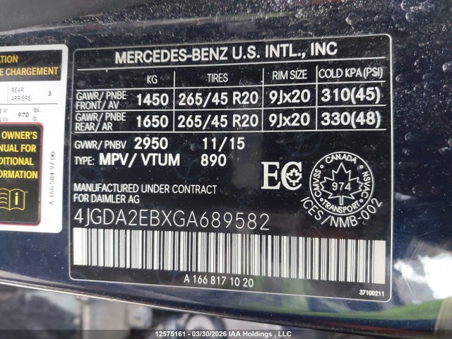 12575161 :رقم المزاد ، 4JGDA2EBXGA689582 vin ، 2016 Mercedes-benz Gle 350d 4matic مزاد بيع