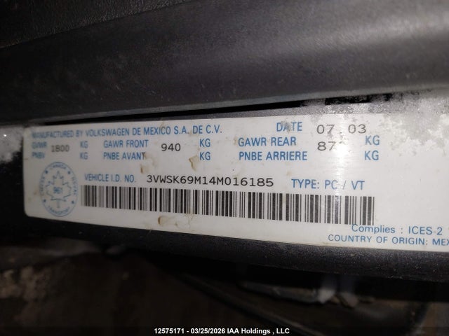 Продаж на аукціоні авто 2004 Volkswagen Jetta Gls, vin: 3VWSK69M14M016185, номер лоту: 12575171