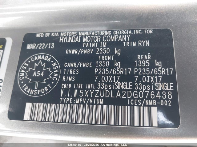 12575186 :رقم المزاد ، 5XYZUDLA2DG076438 vin ، 2013 Hyundai Santa Fe Sport 2.0t Premium مزاد بيع