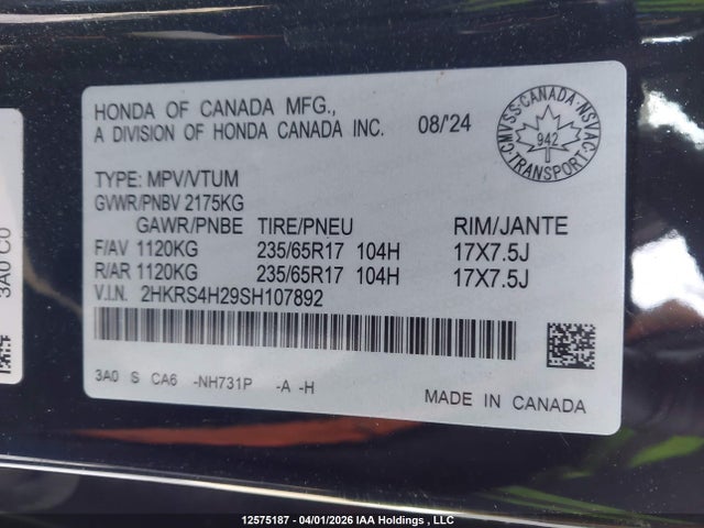 2HKRS4H29SH107892 Honda CR-V
