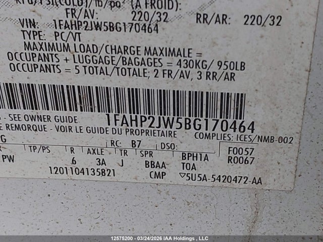 Auction sale of the 2011 Ford Taurus Limited, vin: 1FAHP2JW5BG170464, lot number: 12575200