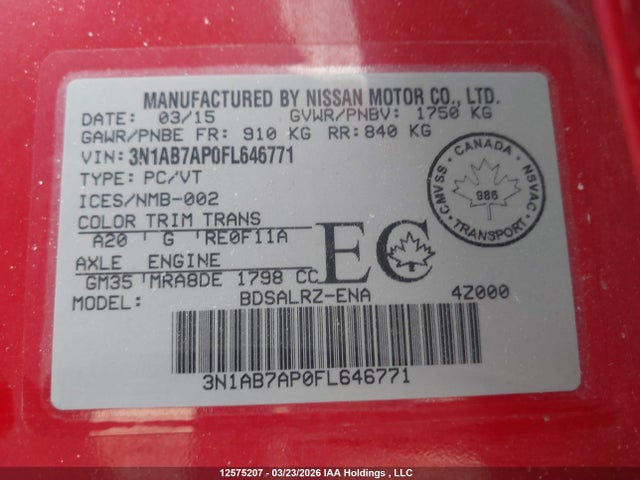 2015 Nissan Sentra 1.8 S/1.8 Sl/1.8 Sr/1.8 Sv მანქანა იყიდება აუქციონზე, vin: 3N1AB7AP0FL646771, აუქციონის ნომერი: 12575207