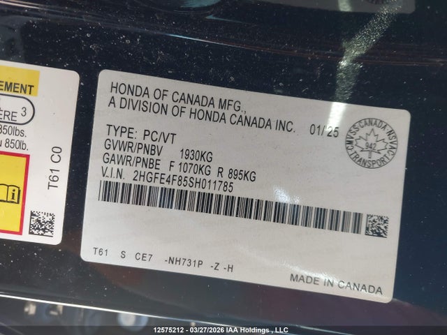 Продаж на аукціоні авто 2025 Honda Civic Hybrid Sport/sport Touring, vin: 2HGFE4F85SH011785, номер лоту: 12575212