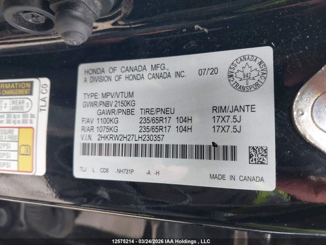 2HKRW2H27LH230357 Honda CR-V LX