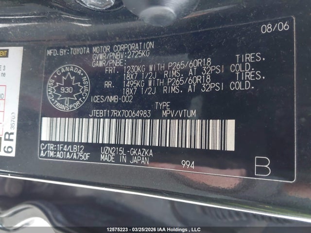 2007 Toyota 4runner Limited V8 მანქანა იყიდება აუქციონზე, vin: JTEBT17RX70064983, აუქციონის ნომერი: 12575223