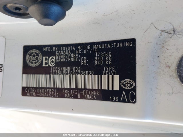 12575224 :رقم المزاد ، 2T1BURHE0KC236030 vin ، 2019 Toyota Corolla Le مزاد بيع