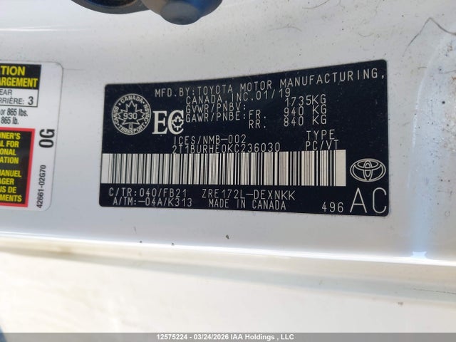 12575224 :رقم المزاد ، 2T1BURHE0KC236030 vin ، 2019 Toyota Corolla Le مزاد بيع