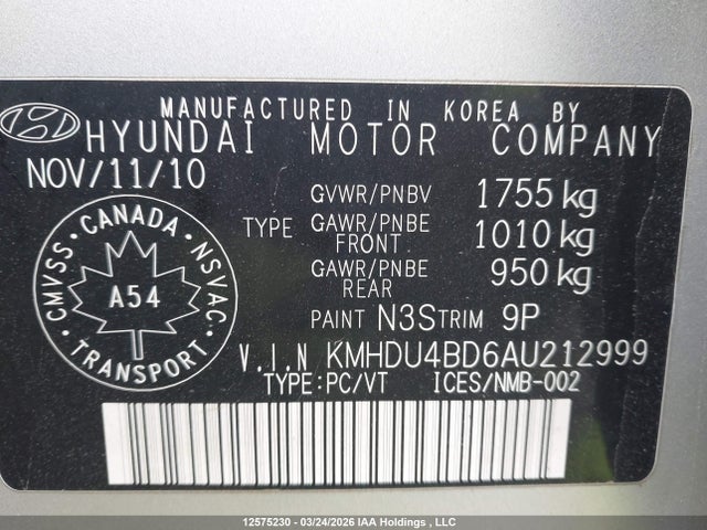 12575230 :رقم المزاد ، KMHDU4BD6AU212999 vin ، 2010 Hyundai Elantra Gl مزاد بيع
