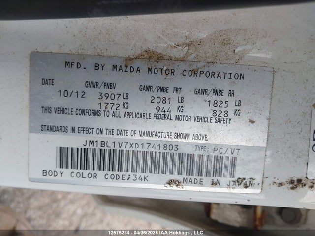 Продажа на аукционе авто 2013 Mazda Mazda3 Gs-sky, vin: JM1BL1V7XD1741803, номер лота: 12575234