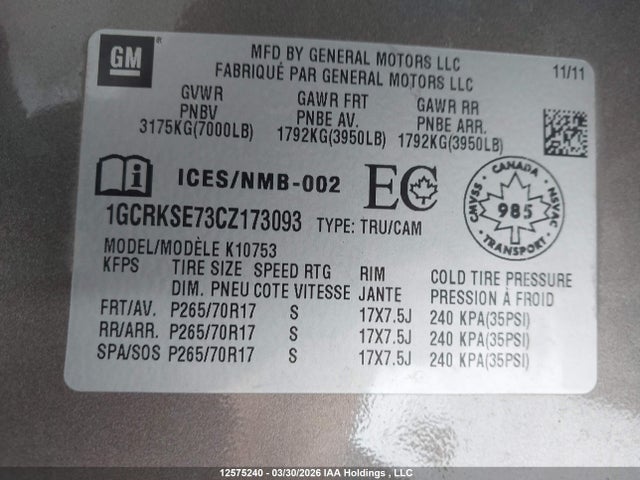 12575240 :رقم المزاد ، 1GCRKSE73CZ173093 vin ، 2012 Chevrolet Silverado K1500 Lt مزاد بيع