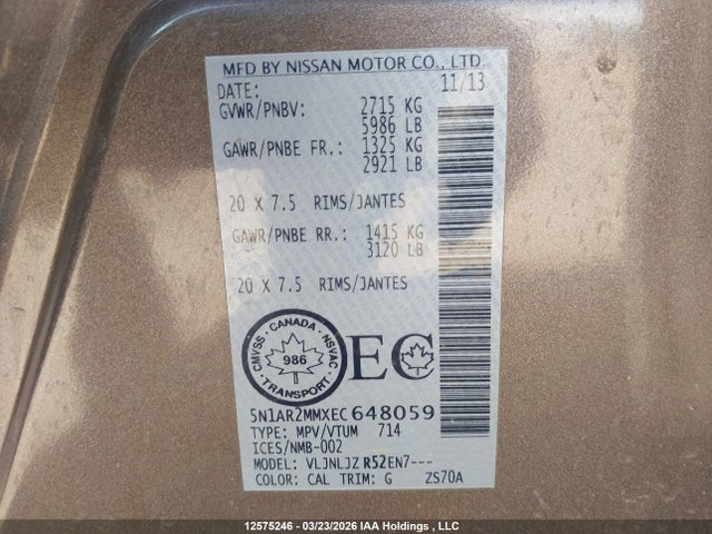 Aukcja sprzedaży 2014 Nissan Pathfinder Platinum/s/sl/sv, vin: 5N1AR2MMXEC648059, numer aukcji: 12575246