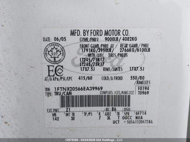 Продажа на аукционе авто 2006 Ford F250 Super Duty, vin: 1FTNX20566EA39969, номер лота: 12575250