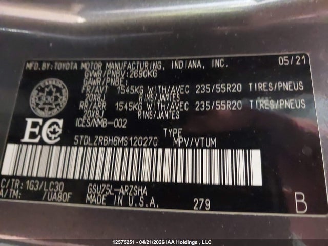 5TDLZRBH6MS120270 Toyota Highlander Xse