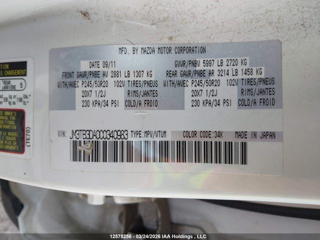 Aukcja sprzedaży 2012 Mazda Cx-9, vin: JM3TB3DA0C0340983, numer aukcji: 12575256