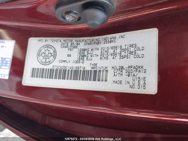 12575272 :رقم المزاد ، 5TDZA29C14S169718 vin ، 2004 Toyota Sienna Ce مزاد بيع