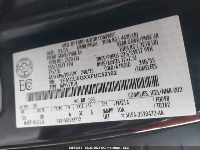 1FMCU0GXXFUC52162 Ford ESCAPE SE