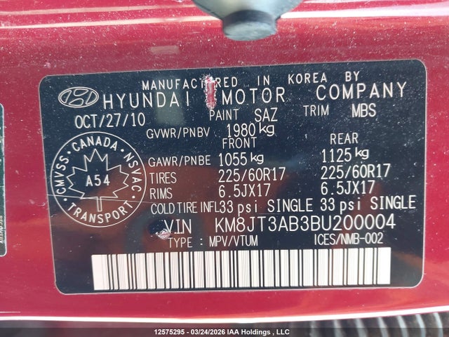 12575295 :رقم المزاد ، KM8JT3AB3BU200004 vin ، 2011 Hyundai Tucson Gl/gls مزاد بيع