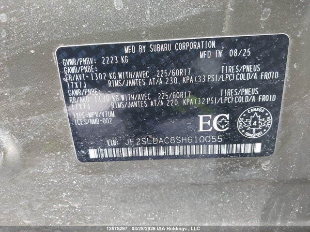 Aukcja sprzedaży 2025 Subaru Forester, vin: JF2SLDAC8SH610055, numer aukcji: 12575297