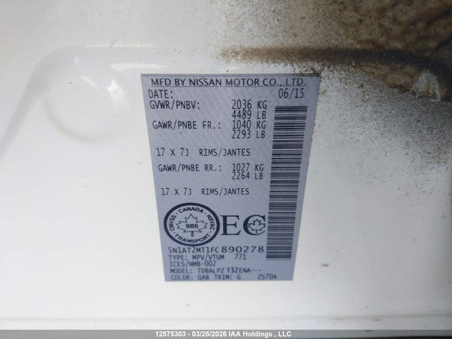 Продажа на аукционе авто 2015 Nissan Rogue S/sl/sv, vin: 5N1AT2MT1FC890278, номер лота: 12575303
