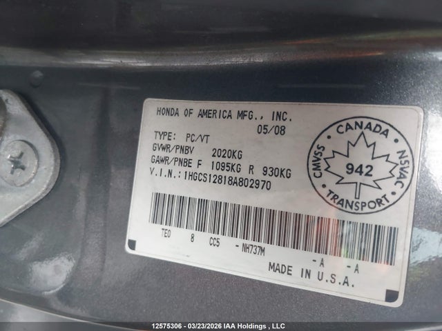 2008 Honda Accord Ex-l მანქანა იყიდება აუქციონზე, vin: 1HGCS12818A802970, აუქციონის ნომერი: 12575306
