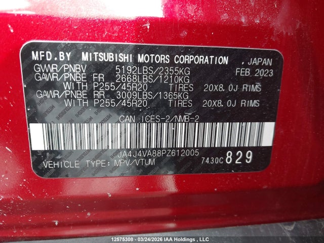 Aukcja sprzedaży 2023 Mitsubishi Outlander Gt/gt Premium, vin: JA4J4VA88PZ612005, numer aukcji: 12575308