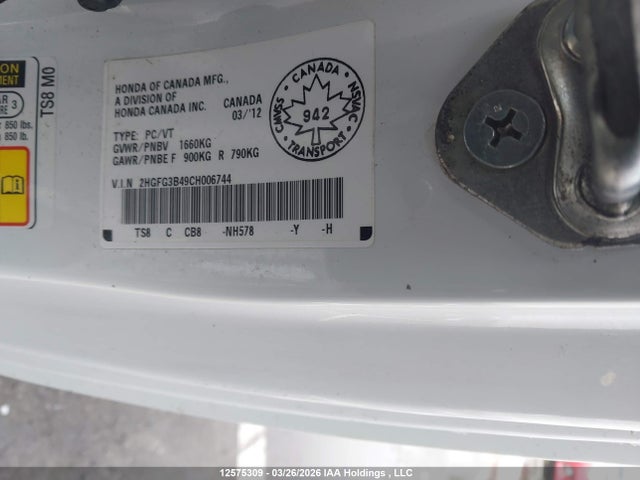 2012 Honda Civic Lx მანქანა იყიდება აუქციონზე, vin: 2HGFG3B49CH006744, აუქციონის ნომერი: 12575309