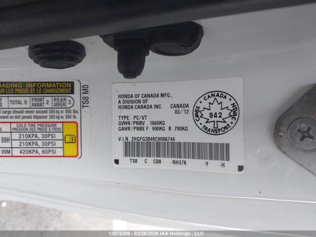 2012 Honda Civic Lx მანქანა იყიდება აუქციონზე, vin: 2HGFG3B49CH006744, აუქციონის ნომერი: 12575309