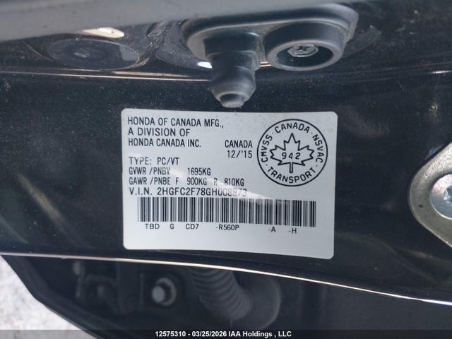 Продажа на аукционе авто 2016 Honda Civic Ex, vin: 2HGFC2F78GH008873, номер лота: 12575310