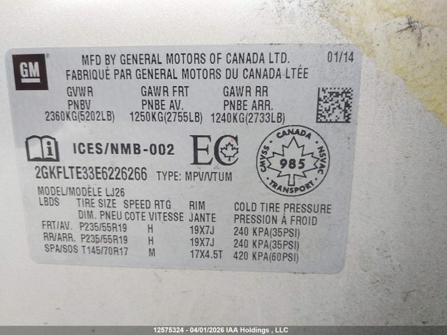 12575324 :رقم المزاد ، 2GKFLTE33E6226266 vin ، 2014 Gmc Terrain مزاد بيع