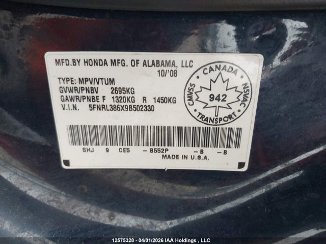 Aukcja sprzedaży 2009 Honda Odyssey Ex-l, vin: 5FNRL386X9B502330, numer aukcji: 12575328
