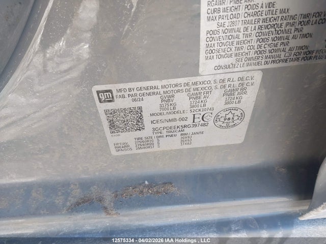 2024 Chevrolet Silverado K1500 Rst მანქანა იყიდება აუქციონზე, vin: 3GCPDEEK5RG397482, აუქციონის ნომერი: 12575334