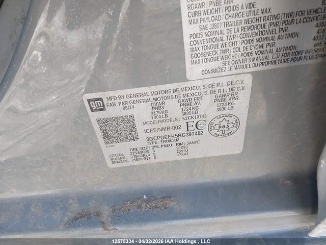 2024 Chevrolet Silverado K1500 Rst მანქანა იყიდება აუქციონზე, vin: 3GCPDEEK5RG397482, აუქციონის ნომერი: 12575334