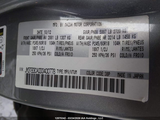 12575342 :رقم المزاد ، JM3TB3CA0D0400778 vin ، 2013 Mazda Cx-9 Gs مزاد بيع