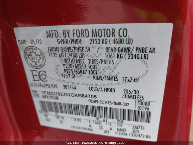 Aukcja sprzedaży 2012 Ford Escape Limited, vin: 1FMCU9EG1CKB84705, numer aukcji: 12575346