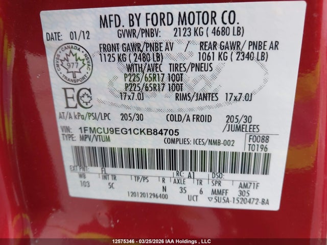 Aukcja sprzedaży 2012 Ford Escape Limited, vin: 1FMCU9EG1CKB84705, numer aukcji: 12575346