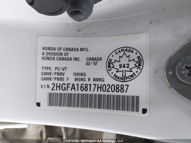 Продаж на аукціоні авто 2007 Honda Civic Ex, vin: 2HGFA16817H020887, номер лоту: 12575354