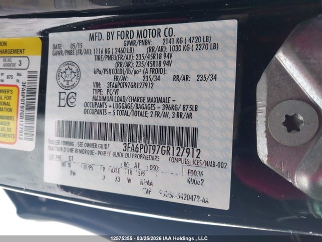 2016 Ford Fusion Se მანქანა იყიდება აუქციონზე, vin: 3FA6P0T97GR127912, აუქციონის ნომერი: 12575355
