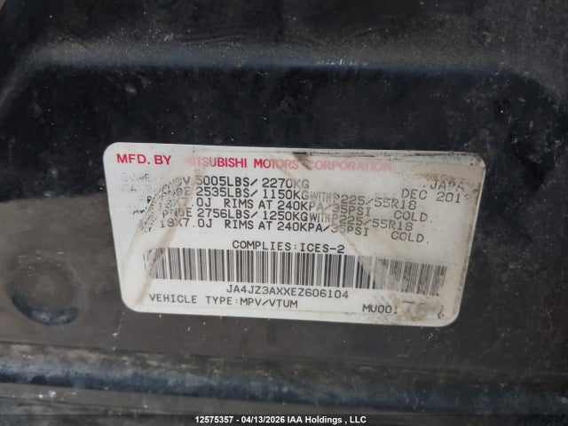 JA4JZ3AXXEZ606104 Mitsubishi Outlander Se