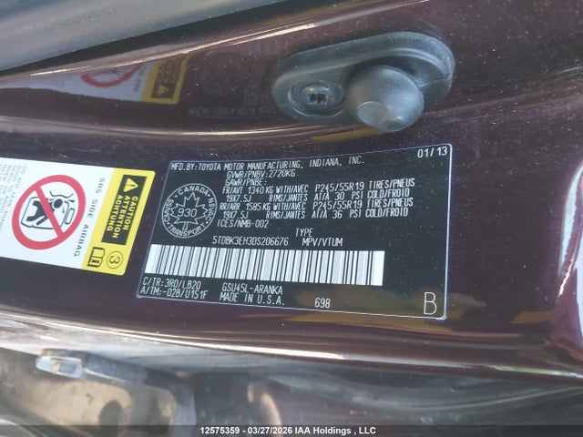 12575359 :رقم المزاد ، 5TDBK3EH3DS206676 vin ، 2013 Toyota Highlander V6 مزاد بيع