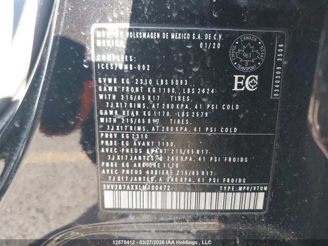 Продажа на аукционе авто 2020 Volkswagen Tiguan, vin: 3VV2B7AXXLM100472, номер лота: 12575412