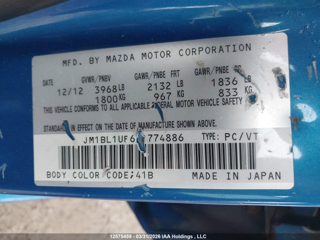 Продаж на аукціоні авто 2013 Mazda Mazda3 Gx, vin: JM1BL1UF6D1774886, номер лоту: 12575459