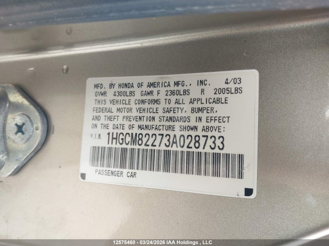 Aukcja sprzedaży 2003 Honda Accord Lx, vin: 1HGCM82273A028733, numer aukcji: 12575460