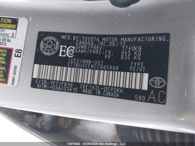 12575462 :رقم المزاد ، 2T1BU4EE8CC885888 vin ، 2012 Toyota Corolla مزاد بيع